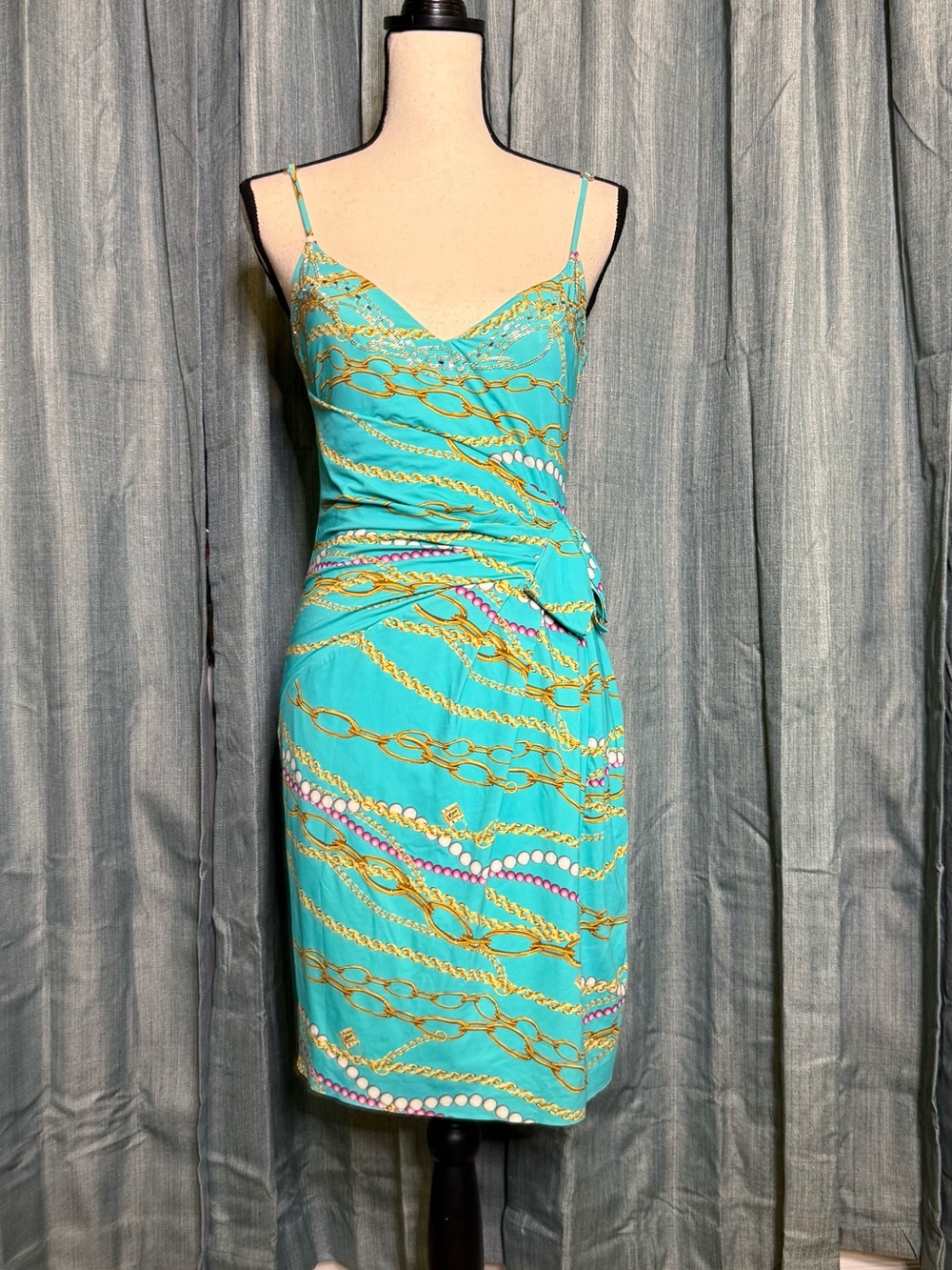 VDP Turquoise Chain-Print Slip Dress